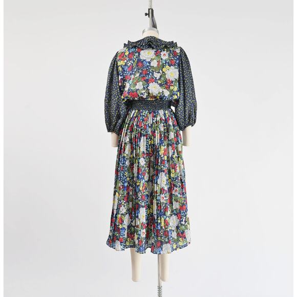 Vintage 80s Blue Floral Ruffle Neck Balloon Sleeve Pleated Midi Dress size S M - Picture 7 of 9